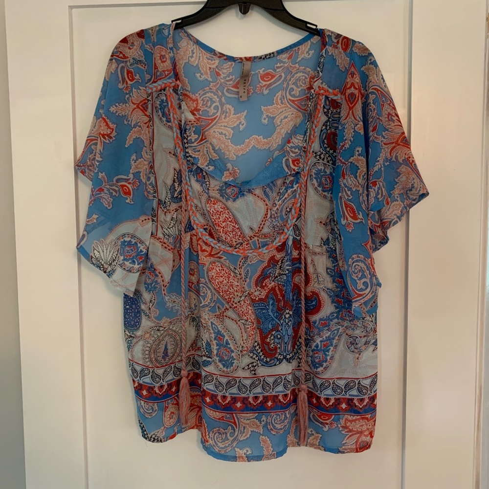 Paisley print sheer blouse with tassel